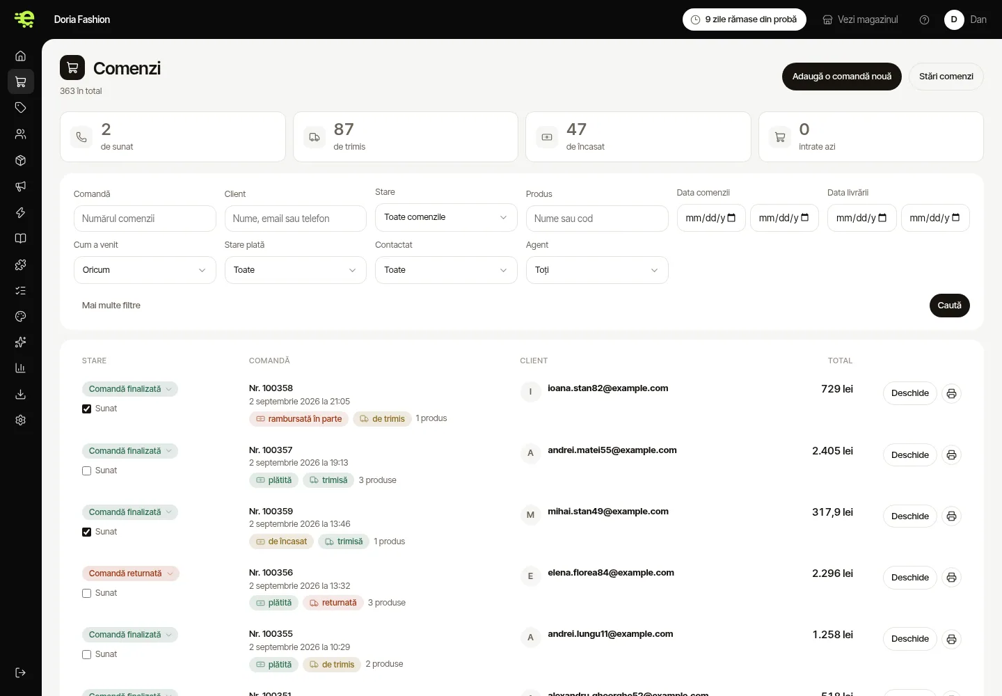 The order list in the EfiMag admin